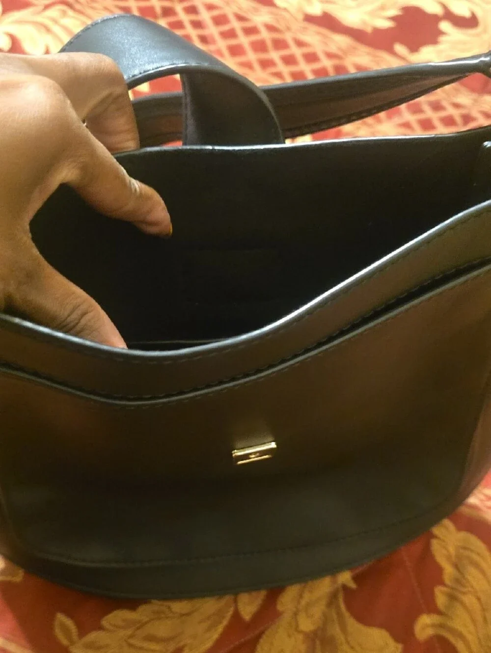 Michael Kors Black Leather Shoulder Bag with Gold MK Emblem